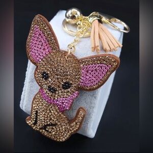 Chihuahua rhinestone bag charm / keychain- brown & pink